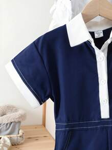 SHEIN 小男孩夏季时尚酷炫连体裤套装，Polo 领衬衫拼接宽松短裤，简约时尚 - 寶藍色 - 查看 4