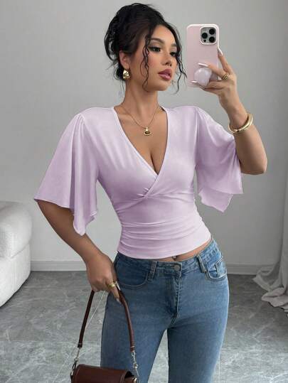 Elenzga Casual Vacation Pleated Asymmetrical Short Sleeve Cropped Women Top