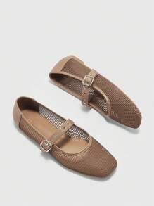 CUCCOO BIZCHIC Women's Brown Grid & PU Mixed Color Patchwork Square Toe 1cm Chunky Heel Casual Flats