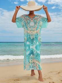 Swim Mulvari Women's Mint Blue & Gold Loose Boho Kimono Cover Up, Conservative Style For Vacation For Summer - Multicolor - View 4