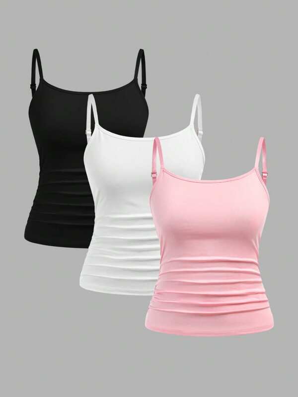 Lunivi 3 pièces/Set Hauts de camisole plissés décontractés tout-aller pour adolescentes, superposables et portables de manière polyvalente