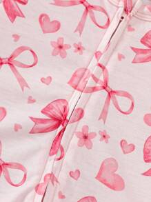 SHEIN Dozemod 儿童新生儿女宝宝简约蝴蝶结图案圆领长袖前拉链连体衣家居服 - 淺粉色 - 查看 4