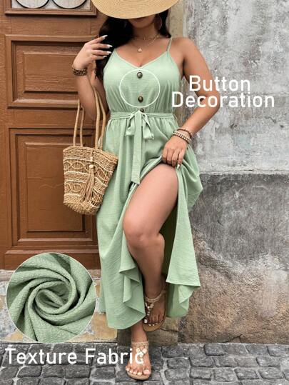 SHEIN LUNE Vestido de slip casual con decoración de botones para mujer de talla grande y color liso para vacaciones