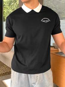 SHEIN Teen Boys' Polo Collar Black & White Splicing Tiny Graphic Casual T-Shirt, Comfortable, Fashionable, Versatile, Suitable For Daily Wear, School, Travel, Exercise, Vacation - Black and White - View 2