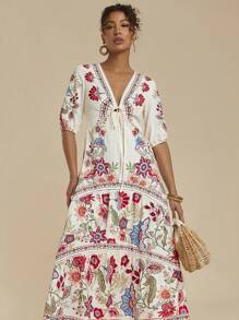 Travachic V-Neck Floral Lace Patchwork A-Line Botanical Print Vacation Dress For Women - Multicolor - View 1