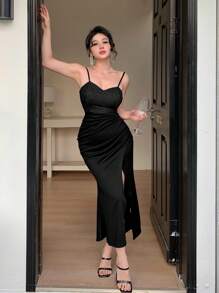 DAZY 女士拼接性感休闲吊带连衣裙 婚纱 舞会礼服 优雅女士连衣裙 - 黑色 - 查看 6