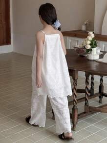 DAZY 2pcs/Set Tween Girls Summer Japanese Style Hollow-Out Loose Wide-Leg Pants - White - View 6