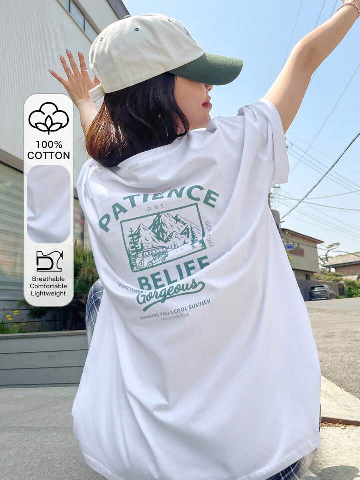 DAZY 山とスローガンのグラフィックドロップショルダーTシャツ