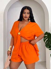 Slaydiva Conjunto de 2 piezas de mujer talla grande con camiseta suelta naranja brillante y shorts, adecuado para vacaciones en la playa