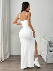 SHEIN EZwear Plus Size Women Boho Solid Color Simple Spaghetti Strap Open Slit Jumpsuit Dress White Romper White Bodysuit White Set Women White Club Outfit - White - View 2