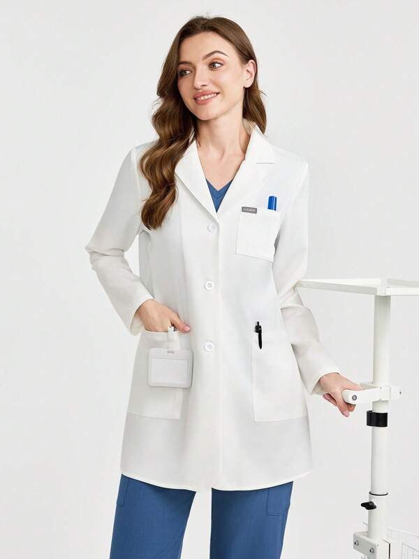 Scrubzie Solid Color Front Button Lab Coat With Pockets, Long Sleeve