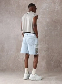 SUMWON 宽腿牛仔百慕大短裤艺术时尚橱窗印花拼布复古夏季原始剪裁破洞磨损下摆宽松休闲街头服饰节日 - 藍色 - 查看 3