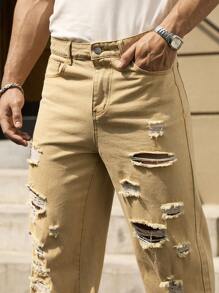 Manfinity Homme Men's Casual Daily Slant Pocket Loose Distressed Denim Jeans - Khaki - View 4