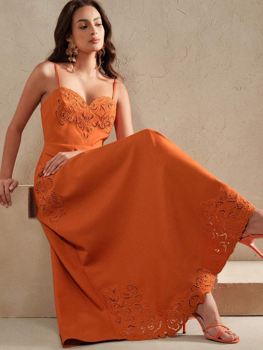 Anewsta 刺绣镂空3D花卉束腰A字吊带连衣裙，女士夏季节日、外出、度假服装 - 珊瑚橙 - 查看 1