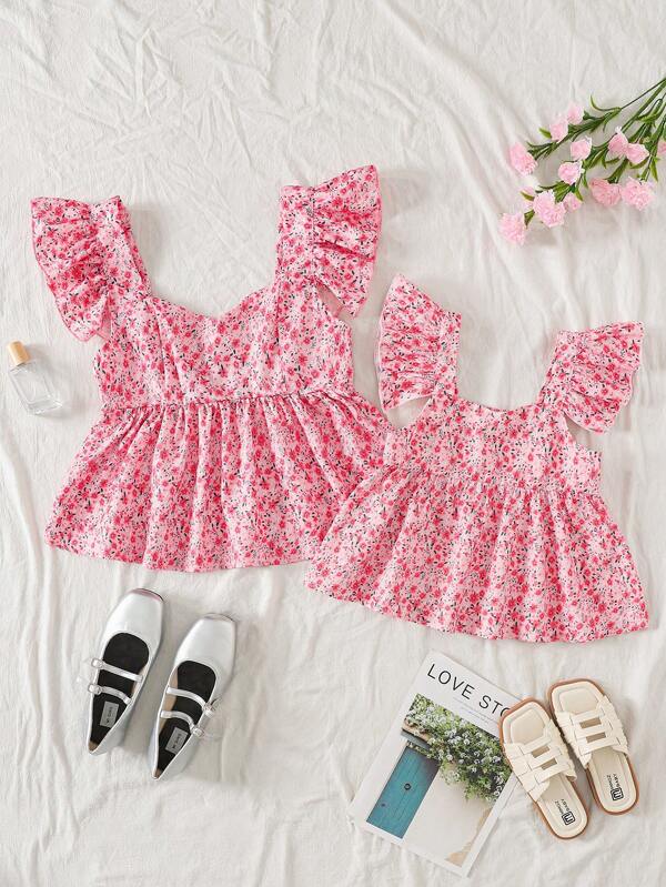 Tween Girls Ditsy Ditsy Floral Top With Cute Flutter Sleeves, Suitable For Vacation, Mommy And Me Matching Outfits (2 Pieces Sold Separately)