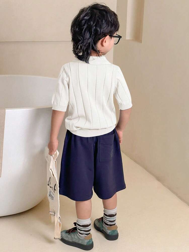 Young Boy Plain Collared Short Sleeve Relaxed Sweater