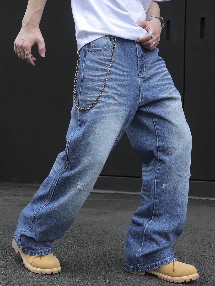 Manfinity EMRG Quần Jeans Denim Dáng Rộng Cho Nam, Thời Trang Cho Mùa Hè - Rửa trung bình - Xem 1