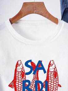 SHEIN Camiseta de mujer con diseño de pez sardina, manga corta, cuello redondo, estilo casual y urbano, top blanco y rojo, mezcla de poliéster, sudadera roja y azul de verano - Blanco - Ver 4