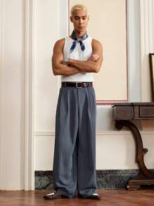 SWAVVY Pantalones casuales rectos de hombre con ajuste holgado y rayas en color azul-gris pálido, para atuendos de verano, uso escolar