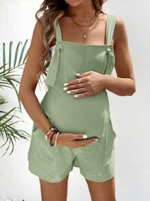 SHEIN Pregnant Women Solid Color Pocket Casual Versatile Romper - Mint Green - View 4