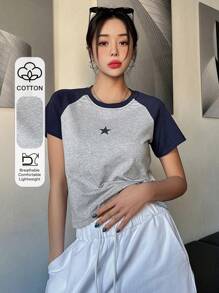 DAZY 星星印花撞色插肩袖 T 恤 Y2k