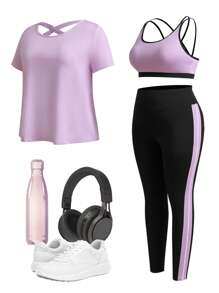 Easithlete Plus Size Short Sleeve T-Shirt And Biker Shorts 2pcs Sports Suit Workout Women Sets Glowmode Twilight - Multicolor - View 6