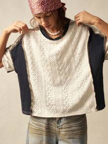 Bohemela 大码女式夏季撞色圆领落肩宽松休闲T恤 - 黑與白 - 查看 2