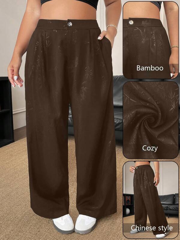 Celure Plus Size Elegant Solid Color Embossed Wide-Leg Office Pants