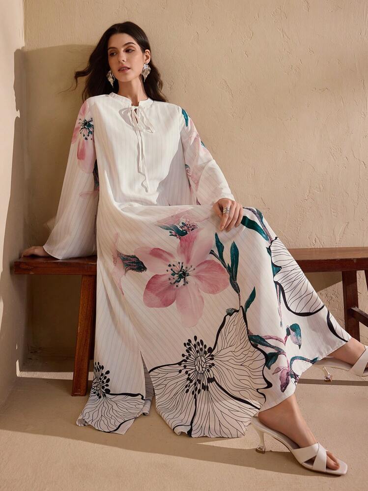 Graceveil Spring/Summer Oversized Flare Sleeve Placement Print Dress Arabic Style Fall Cloth For Women - Multicolor - View 1