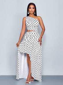 SOLERSUN 春夏女式优雅休闲度假连衣裙，白底黑点，无袖不对称肩部褶皱，腰部镂空，荷叶边下摆，针织长裙 - 黑與白 - 查看 4