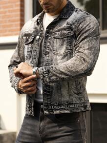 Manfinity Homme Men Casual Everyday Washed Front Button Patch Pocket Denim Jacket, Fall