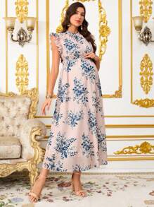 SHEIN Maternity Elegant Floral Allover Print Short Cap Sleeve Dress, Summer Summer Clothes Maternity Summer Dress - Pink - View 7