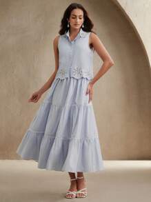 Anewsta 女士纯色条纹刺绣铆钉装饰衬衫和裙子套装，通勤风格，适合春夏季节、毕业典礼