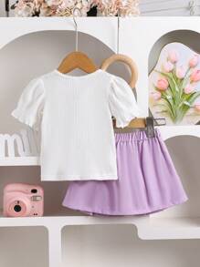 SHEIN Baby Girl Summer New Cute Grape Pattern Puff Sleeve Top + Solid Color JK Pleated Skirt - Purple - View 2