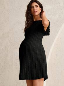 MaterniWear Maternity Plain Crew Neck Short Sleeve Casual Work/Office Dress - Black - View 6