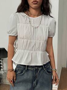 Coolane Blusas de manga corta con cuello redondo, pliegues, fruncidos, cordones y abertura lateral para mujeres, estilo Y2K para primavera y verano, para citas, festivales de música y conciertos