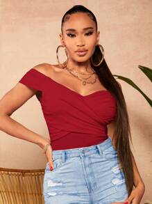 SHEIN SXY Plus Size Women's Twist Front Off Shoulder Black Tight Fit T-Shirt, Spring/Summer