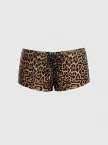 ROMWE Avant Y2K Leopard Print Fully Allover Print PU Leather Super Low Waist Mini Shorts