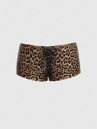ROMWE Avant Shorts mini con cintura supersajada y estampado de leopardo PU con estampado total