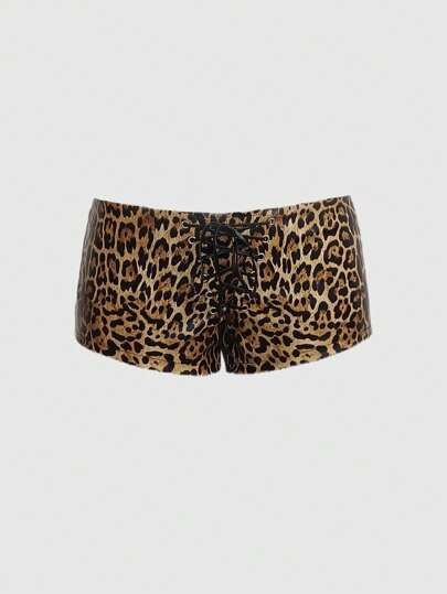 ROMWE Avant Pantaloncini mini vita bassissima in pelle PU con stampa leopardata all-over in stile Y2K