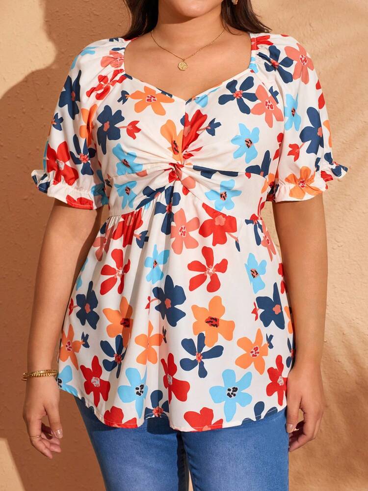Plus Size Floral Print Sweetheart Neck Twist Design Short Sleeve Babydoll Top Summer For Women, Vacation Woman