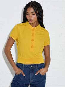 COUREZ 女士夏季短款Polo衫，休闲外出上衣，Y2K风格，休闲度假复古风 - 黃色 - 查看 6