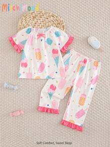 2 Pcs Baby Girls' Apricot & Pink Ice Cream Print Long Pants And Short Sleeve Casual & Comfy Pajama Set - Multicolor - View 1