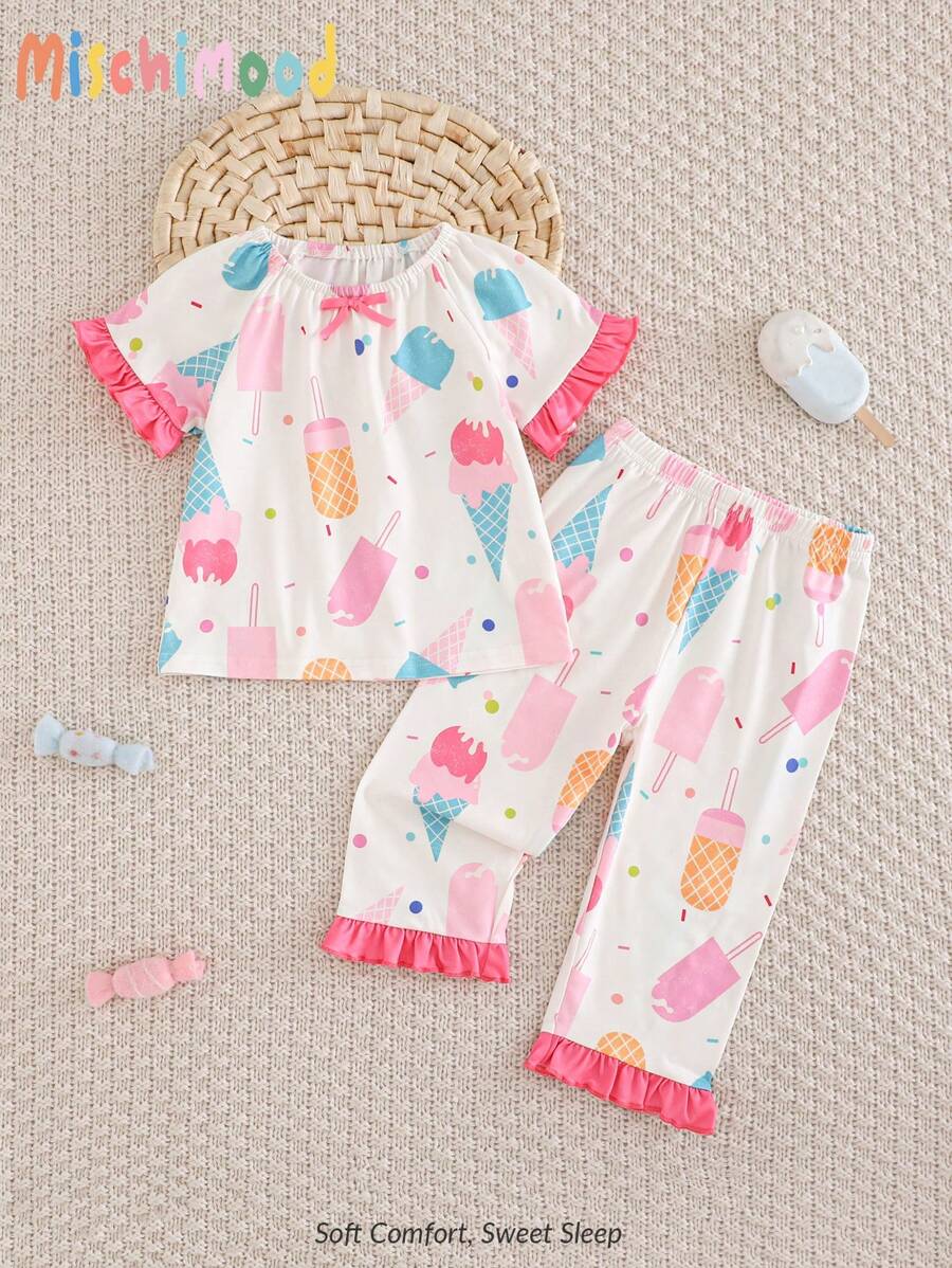 2 Pcs Baby Girls' Apricot & Pink Ice Cream Print Long Pants And Short Sleeve Casual & Comfy Pajama Set - Multicolor - View 1