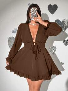 Viva Relle Plus Size Sexy Deep V-Neck Tie Front Ruffle Trim Dress,Valentine - Brown - View 1
