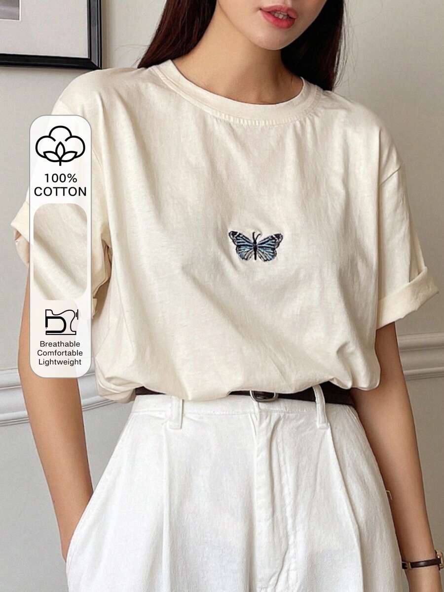 DAZY Camiseta con bordado de mariposa de manga murciélago - Beis - Ver 1