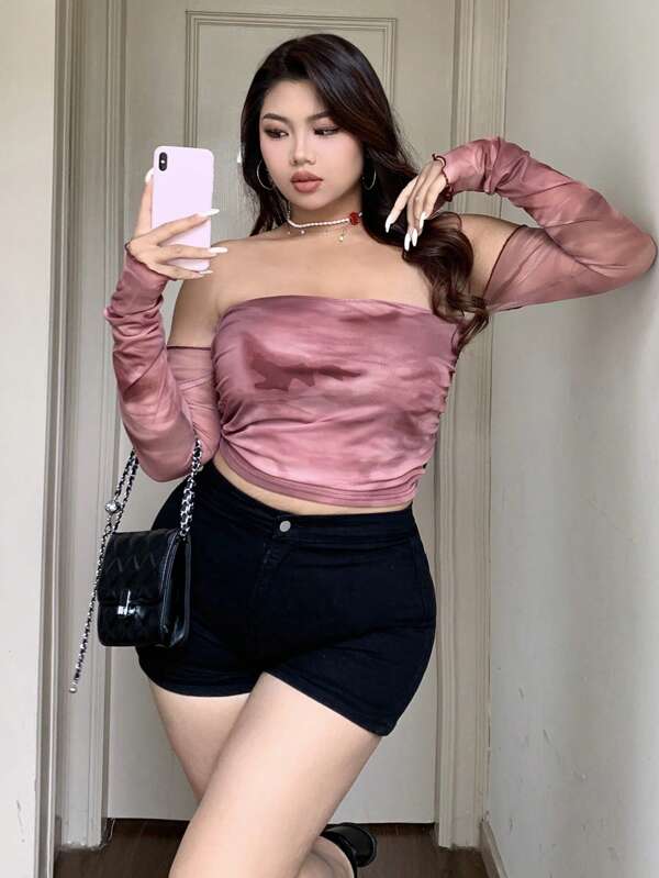 Dazy Plus Blusa holgada de mujer talla grande con manga corta y escote pronunciado, estampado tie-dye