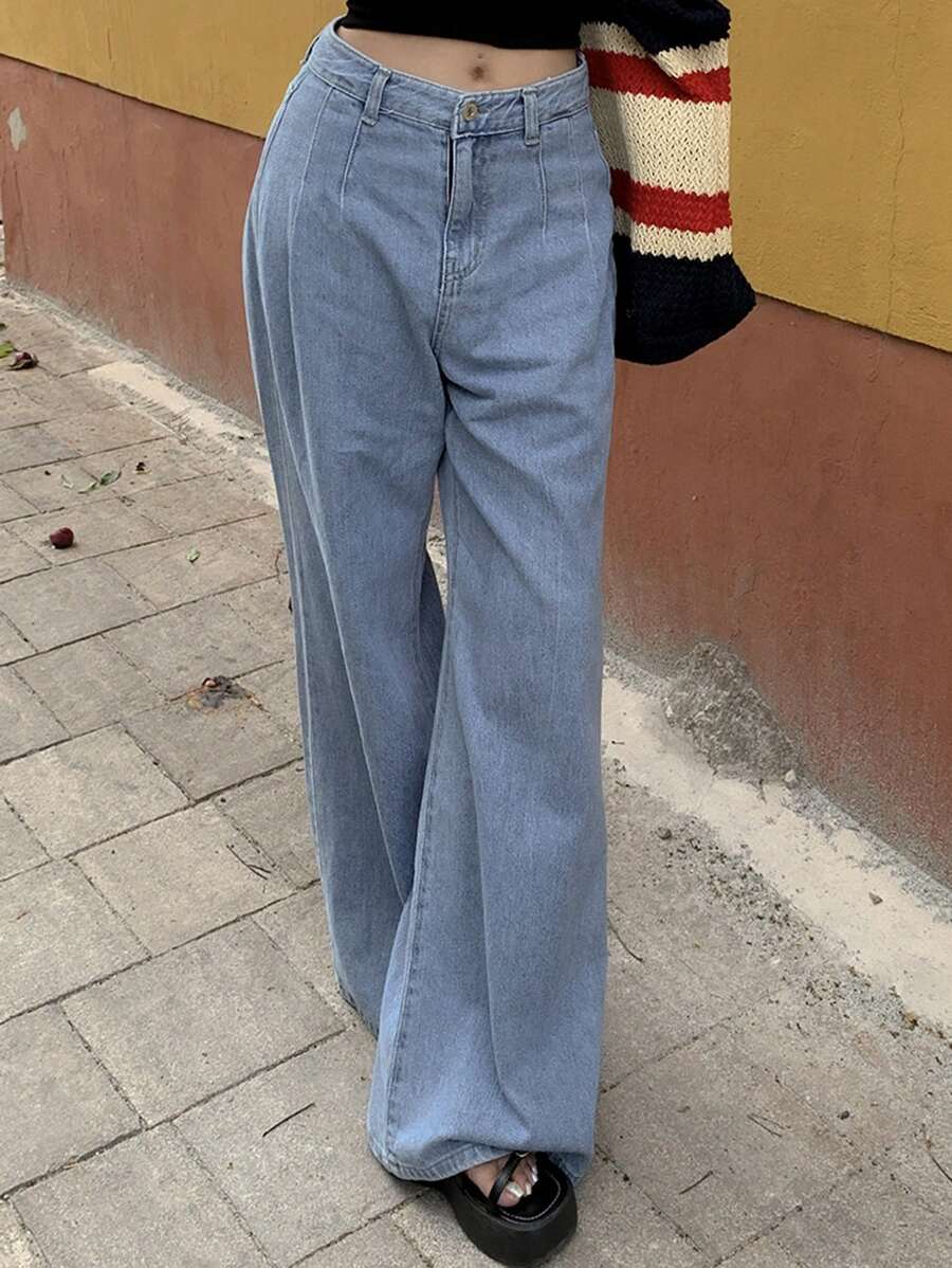 DAZY Women's Casual Washed Loose Wide Leg Jeans Y2k - Blue - View 1