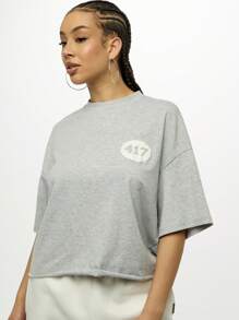 SUMWON WOMEN 超大学院运动风格图案 T 恤罗迪欧大道数字印花星星设计休闲个性夏季短款上衣周末节日 - 灰色 - 查看 5