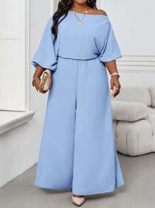 SHEIN Lady Autumn And Winter Elegant Vintage Work Casual Office Champagne Woven Off The Shoulder Ball Gown Bishop Sleeve Backless New Product Plus Size Jumpsuits